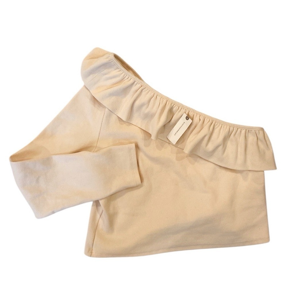 NWT Anthropologie one shoulder cream ribbed ruffled top - Picture 2 of 5